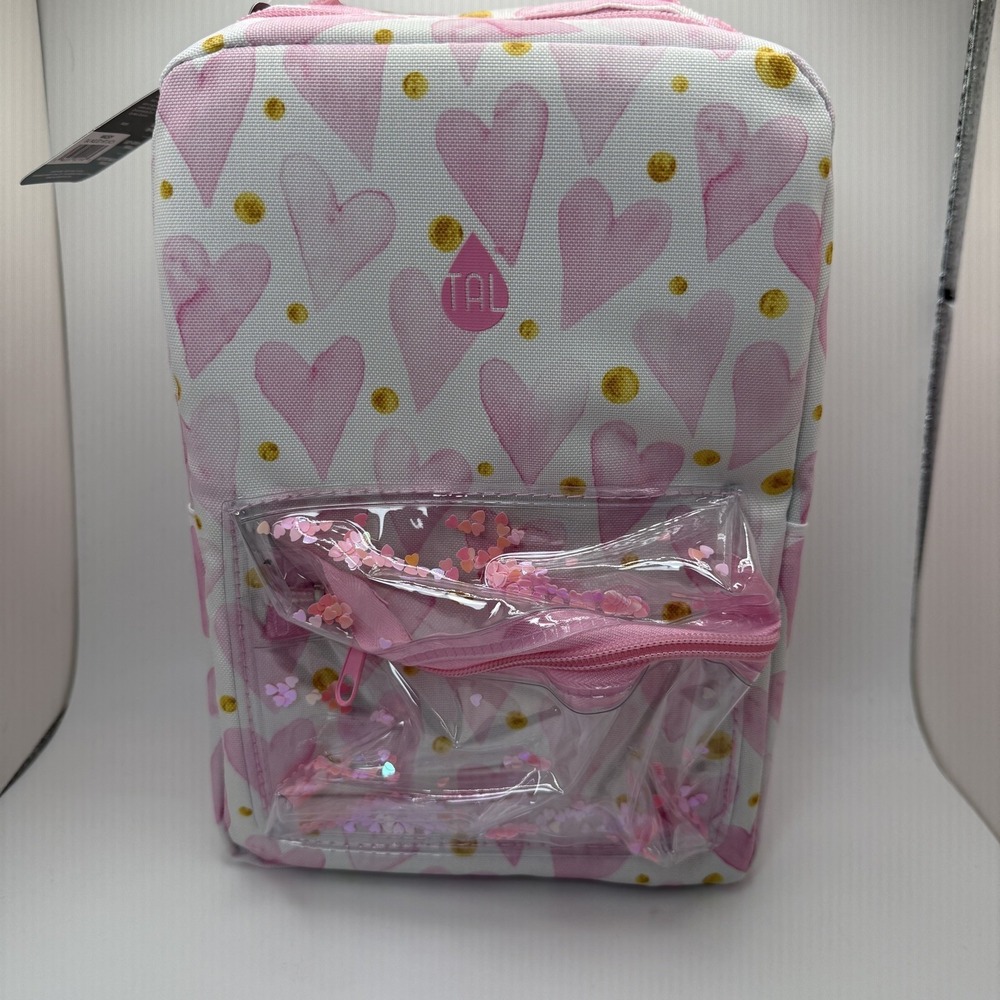 TAL Kids Insulated Lunch Bag Pink Hearts Gold Polka Dot Sequin Shaker Pocket NEW
